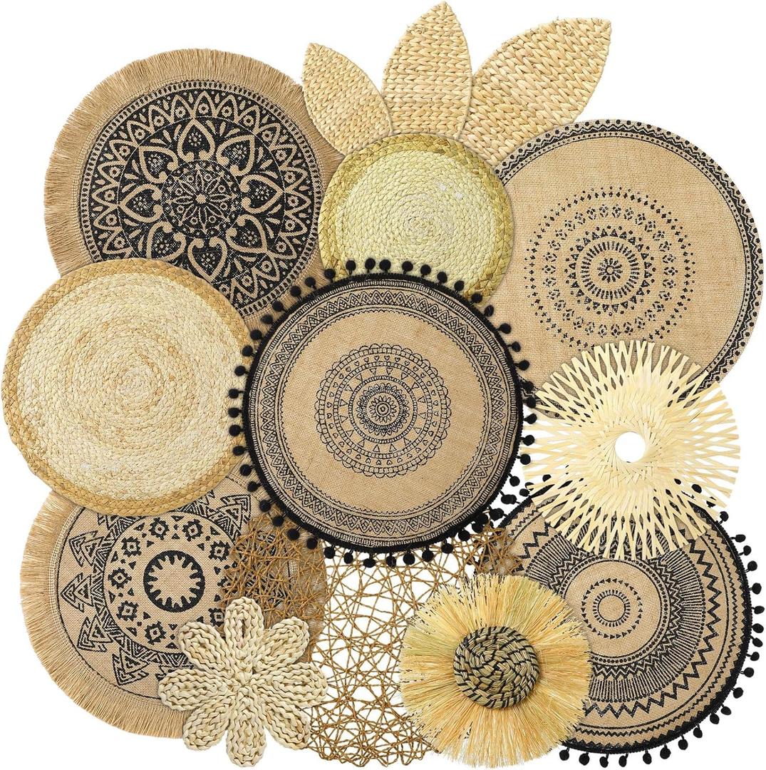 Xuhal 15 Pcs Boho Wall Basket Decor Handcrafted Seagrass Woven Wall Basket Rustic Round Woven Hanging Art for Home Farmhouse Kitchen Table Living Room(Mixed Colors Style)