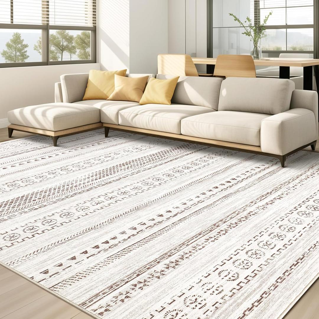kakania 9x12 Washable Area Rug: Non Slip Soft Thin Carpet, Boho Geometric Modern Decor, Easy Clean Indoor Floor Large Rugs for Living Room Bedroom Kids Dorm Office Dining - Brown