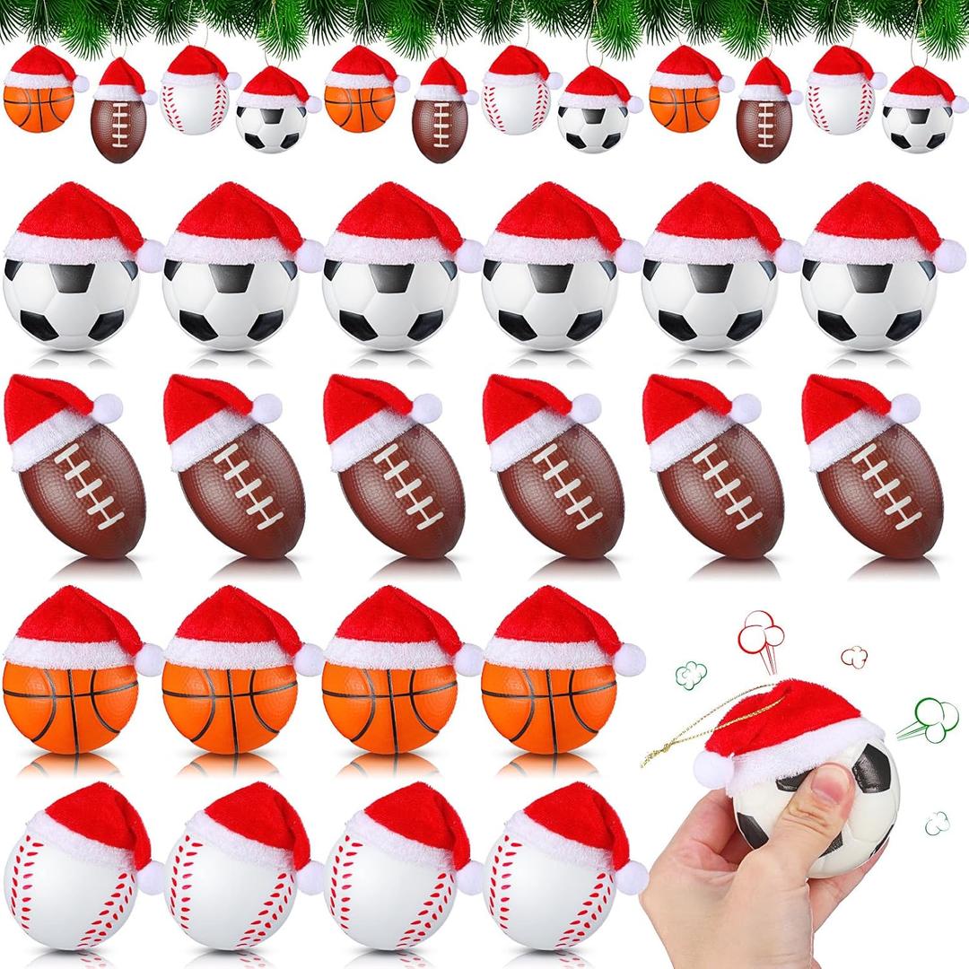 Leyndo 24 Pcs Sport Balls Christmas Ornaments Bulk Basketball Football Ornaments with Removable Santa Hat for Christmas Tree Decorations Xmas Tree Hanging for Party Gift Filler (Balls)