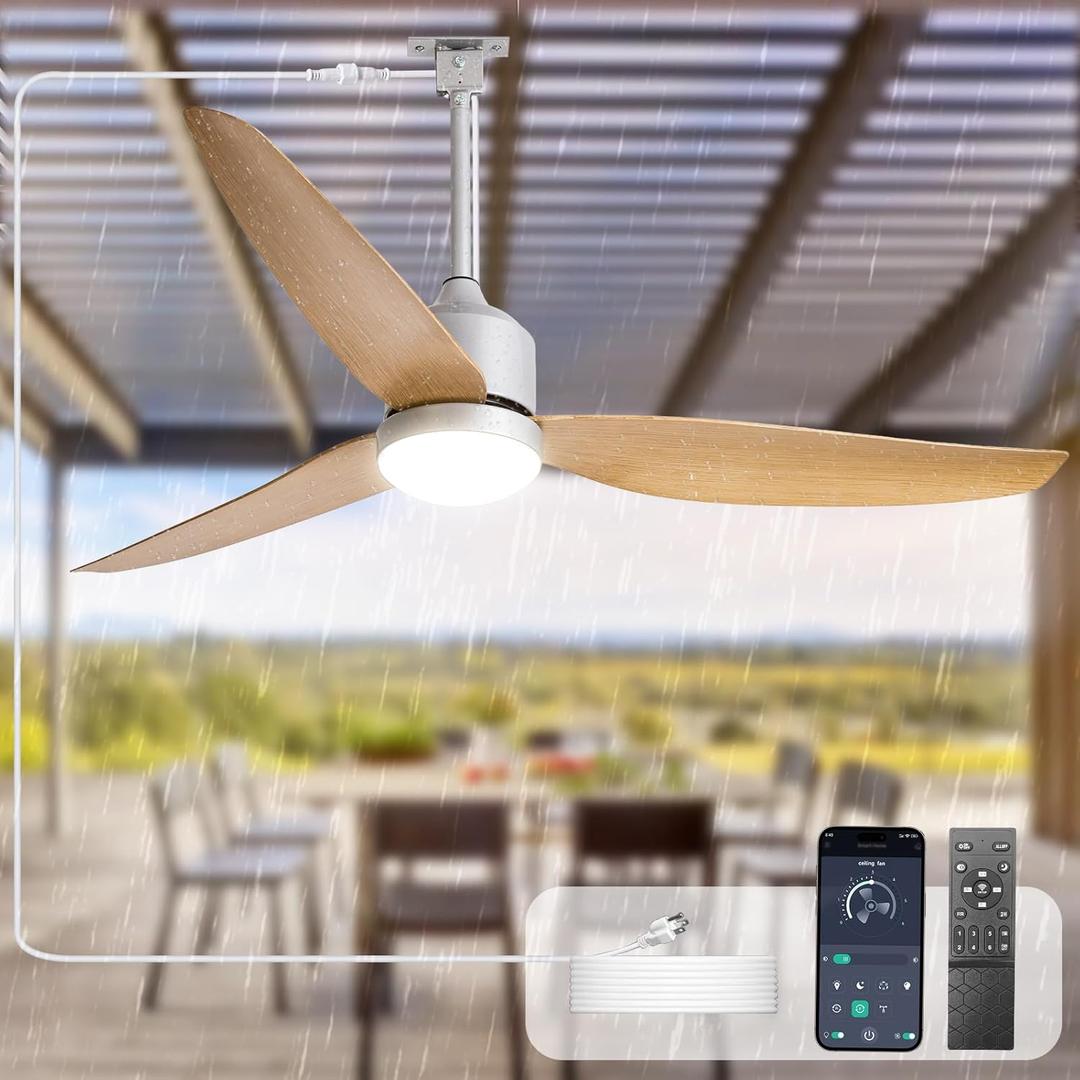 Outdoor Ceiling Fan with Light: 52" Hanging Fan for Gazebo Waterproof - Plug In Outdoor Fans for Patio Porch Pergola with APP Remote Control Reversible DC Motor