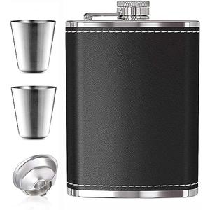 Hip Flask for Liquor Black Leather Flask 8 Oz 18/8 Stainless Steel Soft Touch Leather Wrap Flask Gift Set with 2 Cups & Funnel 100% Leak Proof Whiskey & Rum & Vodka Flasks for Men Women (Lain Weave)