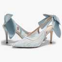 Coutgo Womens Slingback High Heels Bow Closed Pointed Toe Lace Patchwork Party Dress Shoes, Size 9