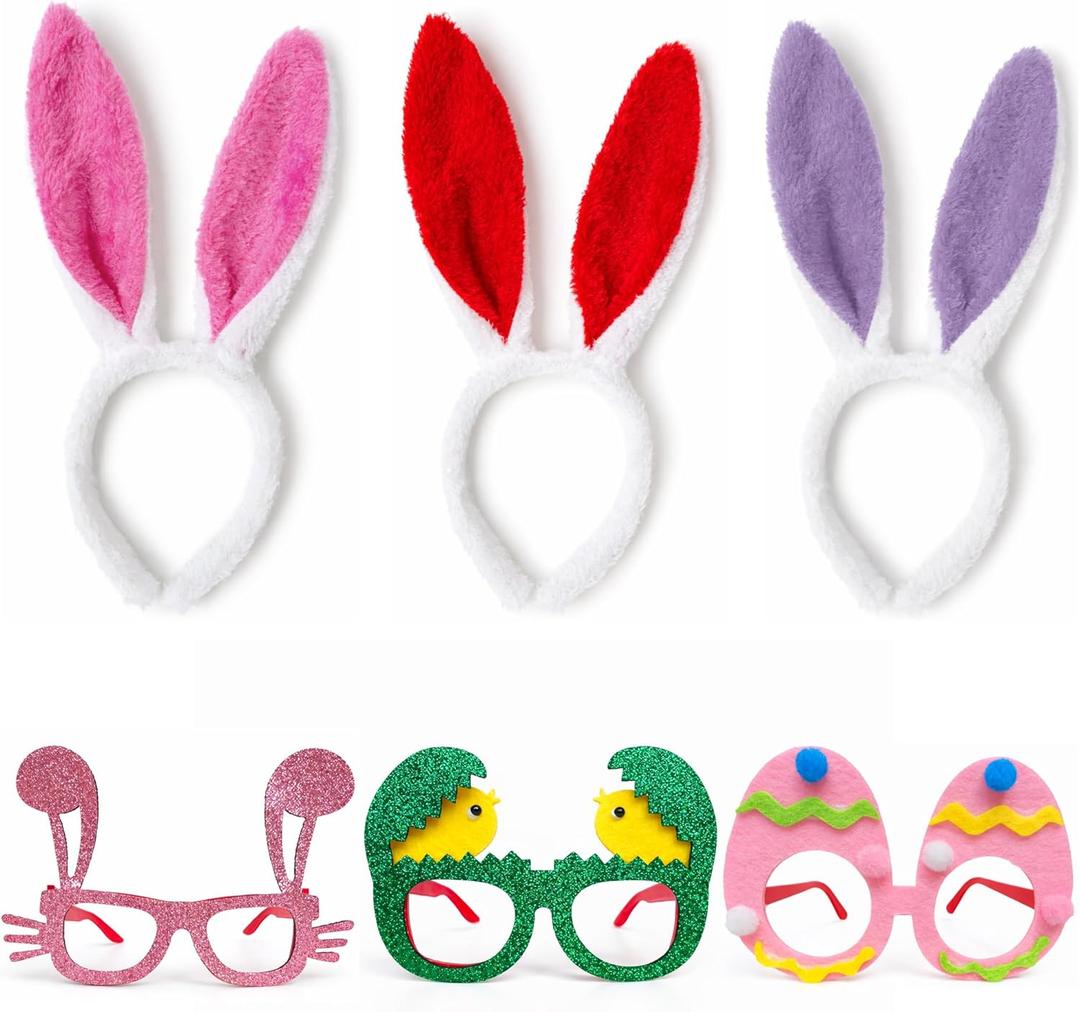 Easter Headbands and Glasses Set, 6PCS Bunny Ear Headbands & Funny Easter Glasses, Cute Photo Props for Easter (S)
