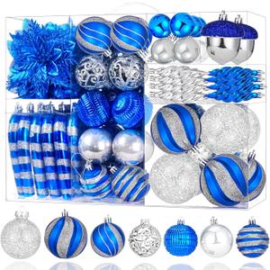 130pcs Christmas Ball Ornaments Set, Shatterproof Christmas Tree Ball Ornament Decoration, Plastic Xmas Ornaments Bulk Hanging Balls, Holiday, Home, Wedding Party, Blue and Silver