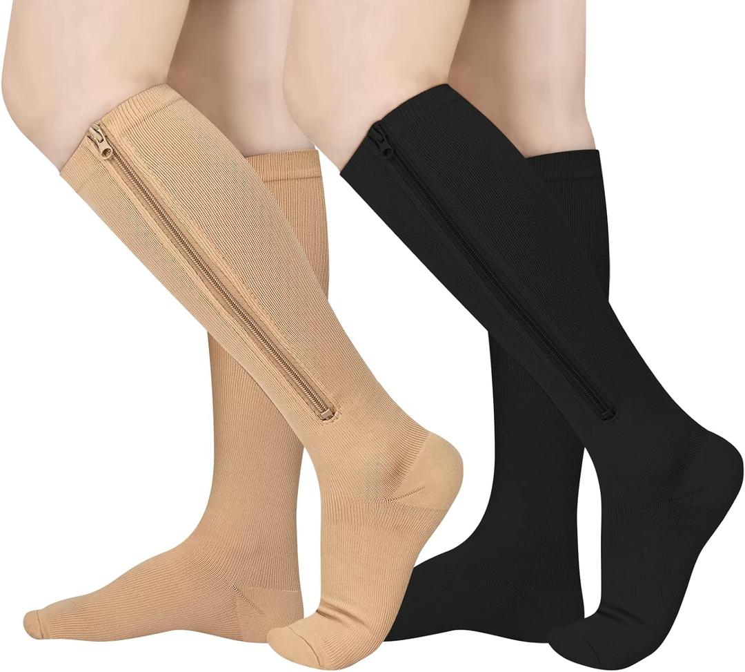 Athbavib 2 Pairs Zipper Compression Socks, 15-20 mmHg Closed Toe Compression Stocking with Zipper for Women and Men Size S/M
