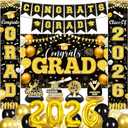 30pcs Class of 2026 Graduations Decorations Black and Gold Congrats Grad Banner Class of 2026 Balloons Graduation Table Centerpieces Grad 2026 Porch Banner Hanging Swirls Graduation Party Supplies