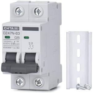 Chtaixi AC Miniature Circuit Breaker, 25 Amp 120V/240V 2 Pole DIN Rail Mount Circuit Breaker, Thermal Magnetic Trip, Solar AC Disconnect Switch MCB C25