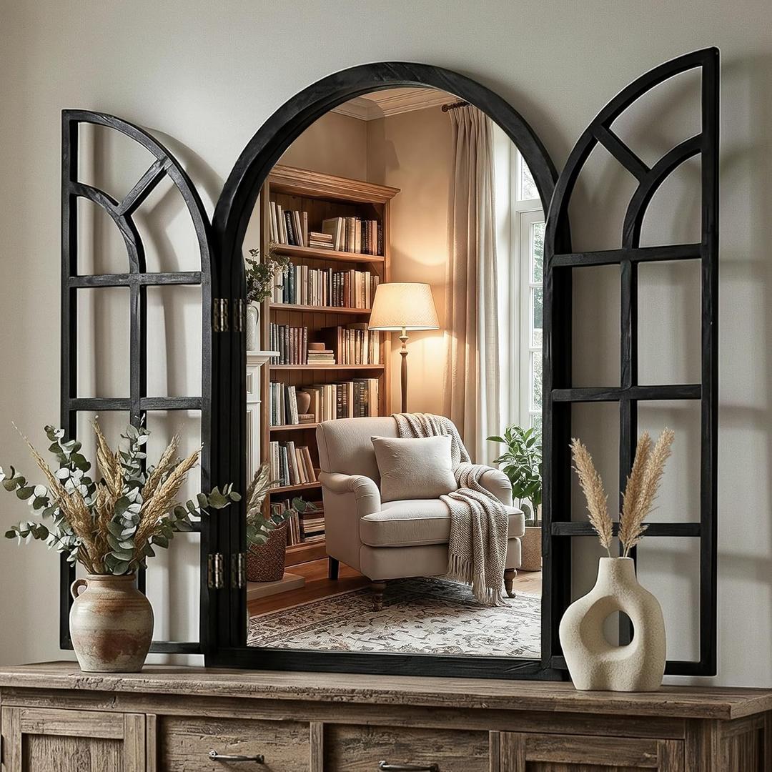 Arched Window Mirrors for Wall, Wooden Rustic Farmhouse Mirror for Wall Decor 24 x 36in Black, Decorative Wall Mirror Arch for Living Room, Bedroom, Bathroom, Fireplace, Farmhouse