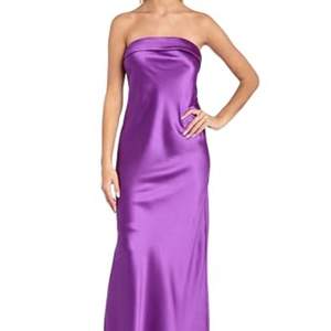MORGAN AND CO. Juniors' Strapless Satin Long Dress W/Fold Over Neckline & Back Zipper - Formal Evening Cocktail Party Gown Purple Size 1