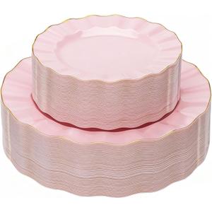 120PCS Pink Plastic Plates, Heavy Duty Disposable Party Plates with Gold Rim, Fancy 60 Dinner & 60 Dessert Plates for Parties and Wedding