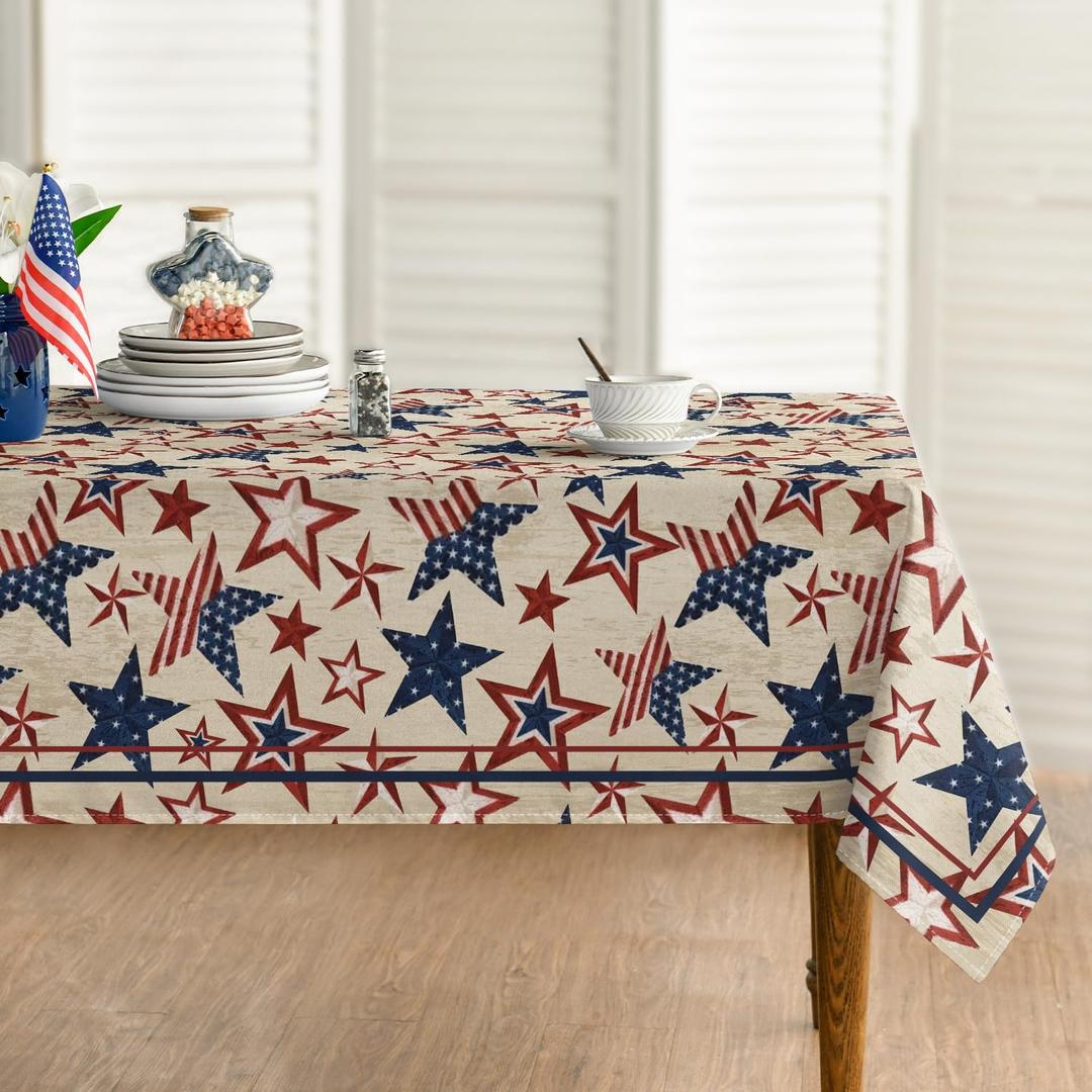 Horaldaily 4th of July Rectangular Tablecloth 6084 Inch, Patriotic Memorial Day Blue Red Star Independence Day Washable Table Cover for Party Picnic Dinner Decor (Beige)