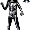 Kids Halloween Skeleton Costume, Hooded Skeleton Jumpsuit Bones with Mask for Boys and Girls Halloween Cosplay Costume Party