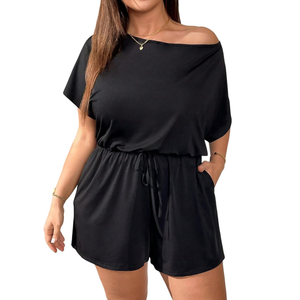 Women's Plus Size Off Shoulder Romper Short Sleeve Drawstring Front Shorts Jumpsuit Tops XL