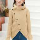 Haloumoning Girls Sweaters Button Turtle Cowl Neck Asymmetric Hem Wrap Pullover Sweaters for Girls (Beige)