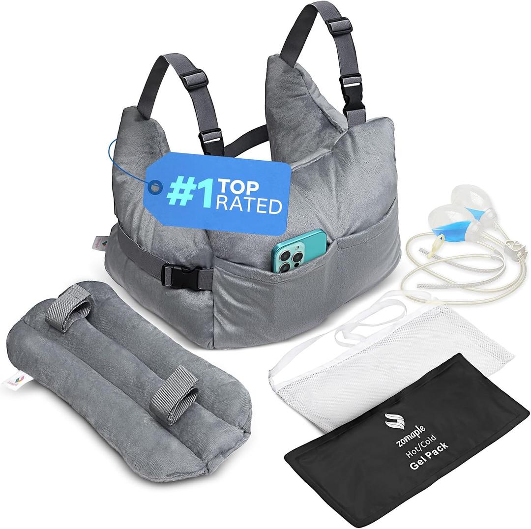 Zomaple Mastectomy Recovery Pillow with Strap, Gel Pack, Seat Belt Cover & Shower Lanyard Post-Op Essentials, Breast Augmentation/Reduction & Recovery Supplies Washable Cover for Comfort & Support