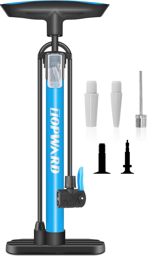 Bicycle Tire Pump Portable, Hand Air Pump for Bike Exercise Balls Inflatables, Fits Presta & Schrader Valve, Bike Floor Pump with Ball Pump Needle for Soccer Volleyball Basketball Inflator (Blue)