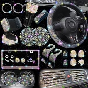 NBTEPEM 27 PCs Multicolor Bling Car Accessories Set for Women, Steering Wheel Covers Universal Fit 15 Inch, Bling License Plate Frame, Bling Phone Holder, Bling Car Coasters