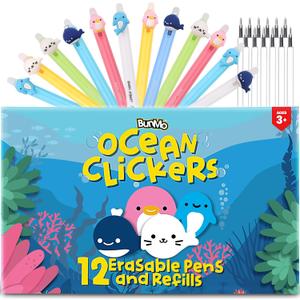 BUNMO 12 Cute Erasable Gel Pens with 12 Black Ink Refills - Multicolor Animal Pens for Kids - Make Mistakes Disappears, Fine Point for School and Journaling