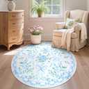 Collive Blue Bow Round Rugs for Girls, 4ft Floral Washable Circle Rug for Bedroom, Cute Ultra-Thin Non Slip Indoor Decor Carpet for Nursery Kids Room Playroom Living Room
