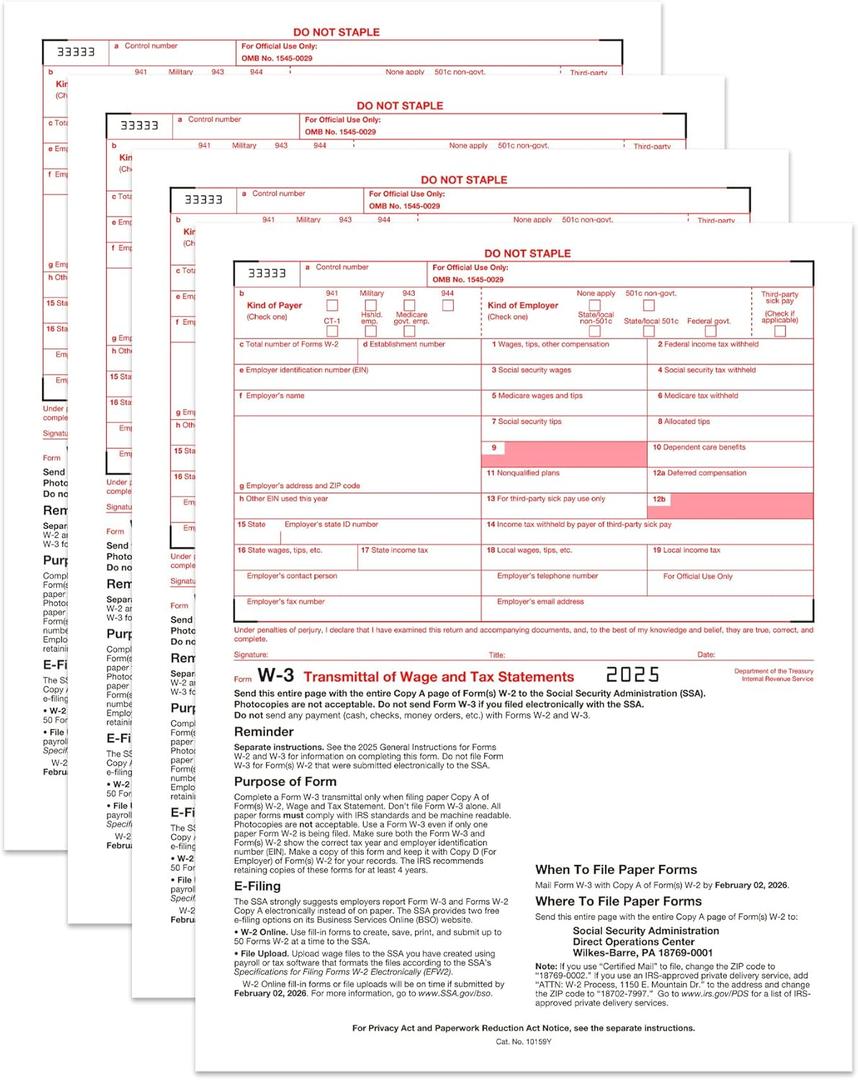 W3 Forms 2025, 10 Form W-3 Summary Laser Forms for Transmittal of Wage and Tax Statements,Compatible with Quick Books and Accounting Software, 10 Pack