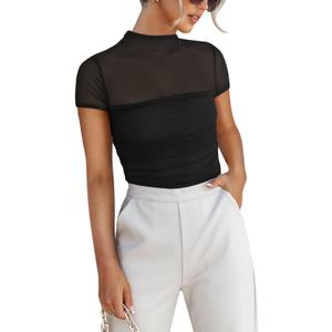 REORIA Women's Sexy Mock Turtle Neck Short Sleeve Shirts Sheer Mesh Ruched Trendy Going Out Bodysuits Tops (Medium, Black)