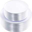 KIRE 60PCS Silver Plastic Plates - Thanksgiving Heavy Duty White Disposable Plates with Gold Rim for Party/Wedding- Include 30Pieces 10.25inch Dinner Plate and 30Pcs 7.5inch Dessert Plate