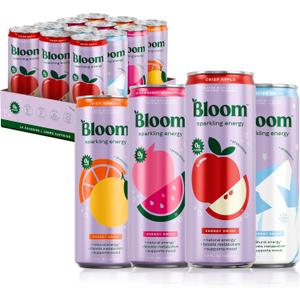Bloom Nutrition Sparkling Energy Drink Apple Crisp/Glacier Crush 12oz 12Pk