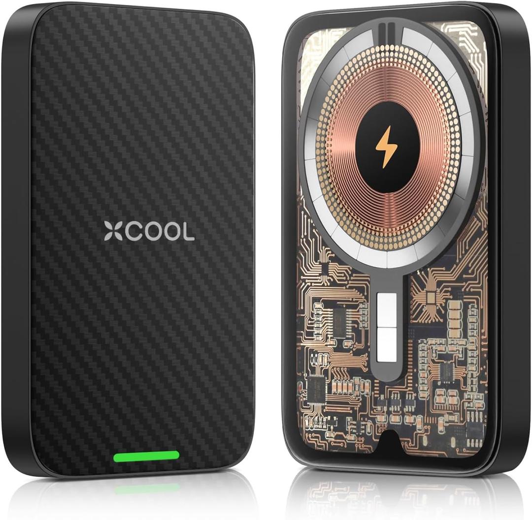 Magnetic Phone Charger, 5000mAh Ultra-Slim Magnetic Power Bank, Magnetic Portable Charger with USB-C Cable and Kickstand, Battery Pack Compatible with iPhone 16/15/14/13/12, Transparent Black (Kevlar Black)