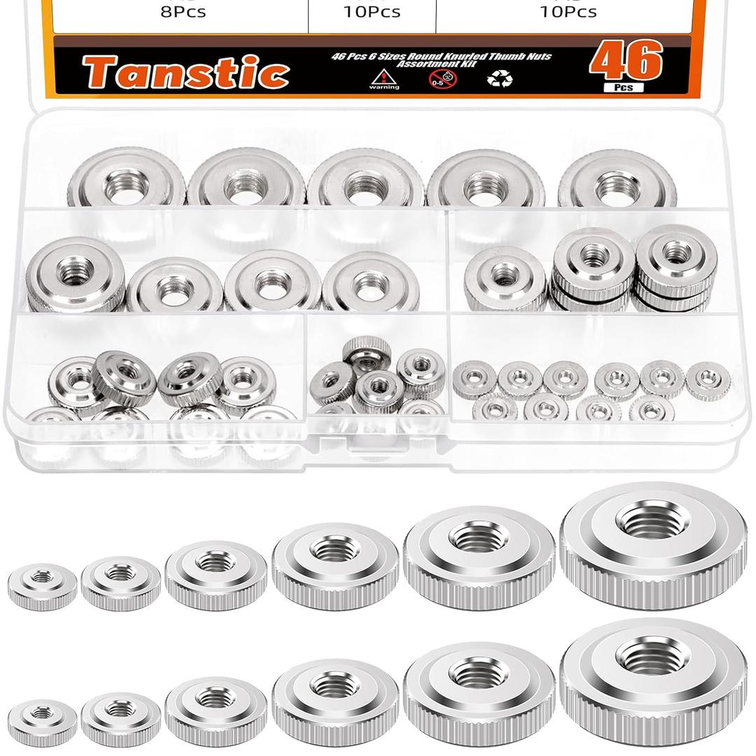 Tanstic 46Pcs Round Knurled Thumb Nuts Conector Lock Adjusting Nuts M3 M4 M5 M6 M8 M10 Female Threaded Thin Type with Nickel Plated