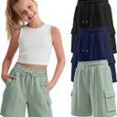 3 Pack Girls' Bermuda Cargo Shorts with 4 Pockets Knee Length Drawstring Wide Leg Casual Sweat Shorts for Ages 5-14 (7-8 Years, Navy Blue, Light Green, Black)