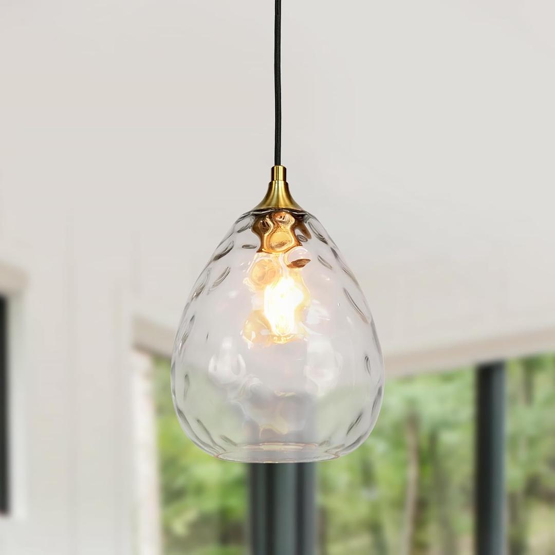 Gold Pendant Lighting with Clear Hammered Glass Shade, 1-Light Art Deco Hanging Lamp for Kitchen Island, Dining Room, Bedroom (Clear Glass Shade)