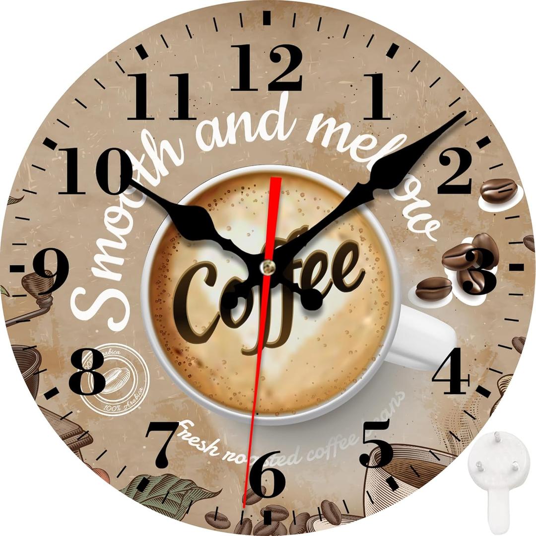 Wall Clocks Battery Operated, Retro Brown Coffee and Cup Silent Non Ticking Decorative Indoor Outdoor Wall Clocks for Living Room Kitchen Bedroom Bathroom 12"