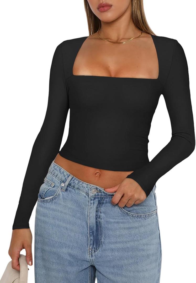REORIA Women's Basic Sexy Square Neck Long Sleeve Y2K Going Out T Shirt Crop Top (Small, Black)