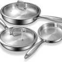 Tri-Ply Stainless Steel Frying Pans Set with Lid, EWFEN 8/10/12 Cooking pans, PFOA&PTFE Free Skillet, Induction Cooking Pan, Dishwasher and Oven Safe, Fast & Even Heat, Suitable for All Stove