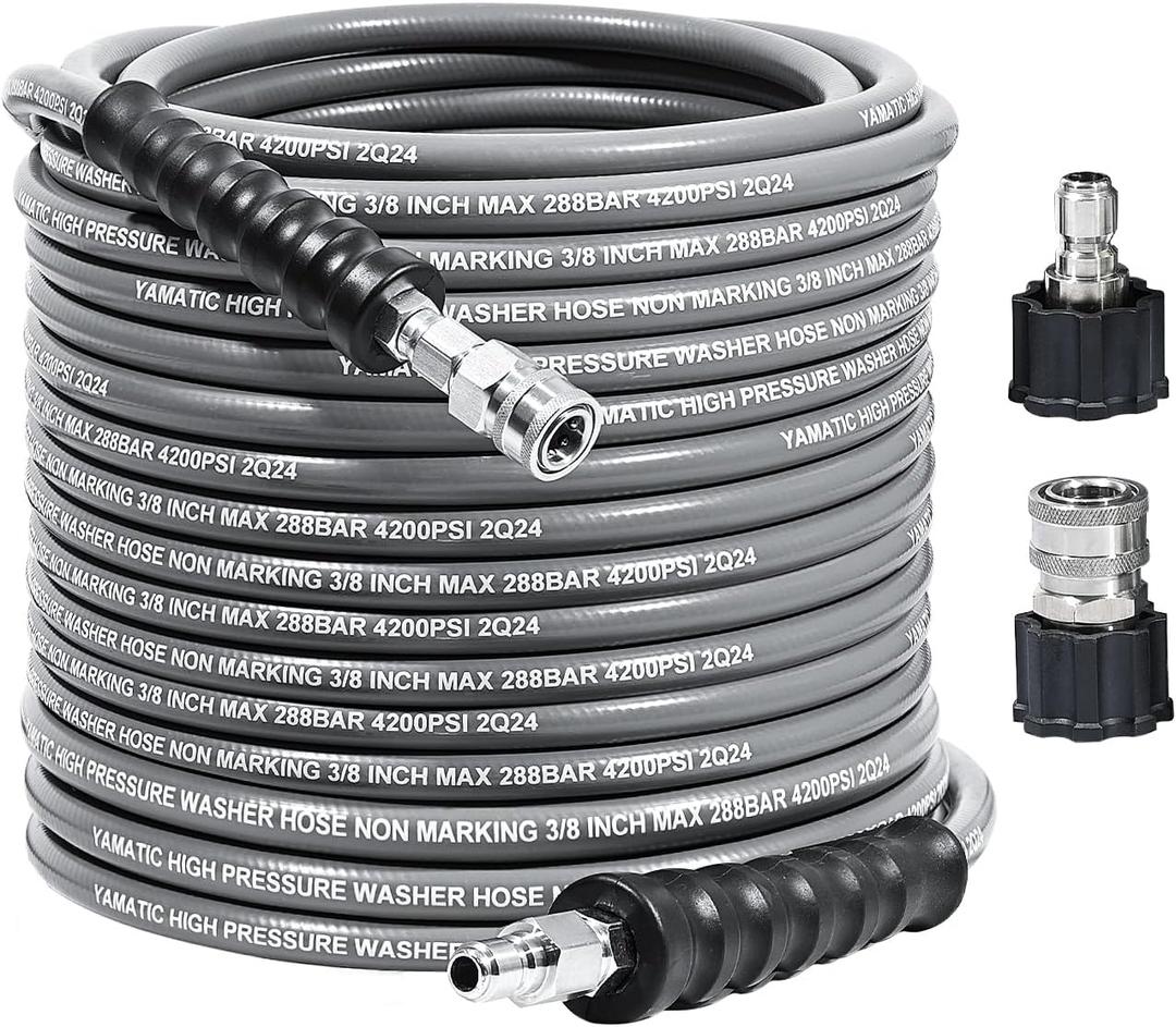 YAMATIC 3/8" Pressure Washer Hose 100FT with Stainless Steel Swivel 3/8" Quick Connect, 4200 PSI Non Marking Rubber Wear Resistant Steel Braided Industry Grade for Hot/Cold Water Gas Power Washer