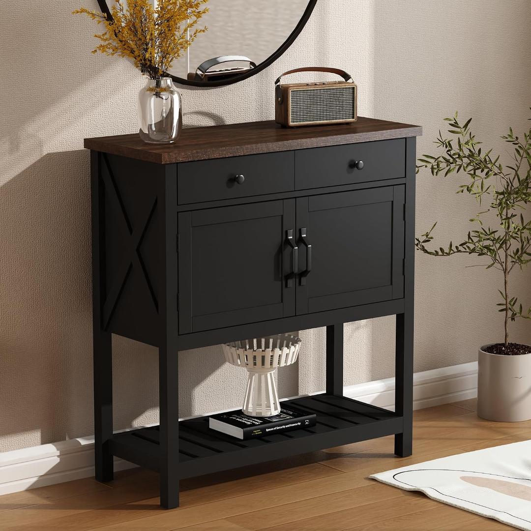 ChooChoo Farmhouse Console Table, Entryway Table with Storage Shelf, Coffee Bar Cabinet, Narrow Buffet Sideboard for Kitchen, Hallway, Living Room, Black, 13.8 inches x 33.5 inches x 35.8 inches