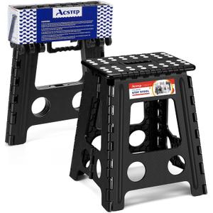 ACSTEP Folding Step Stool 16 Inch Heavy Duty Step Stool Foldable for Adults and Kids, Collapsible Stepping Stool with Handle, Non Slip Folding Stools for Kitchen Hold Up to 400lbs (Black 1PC)