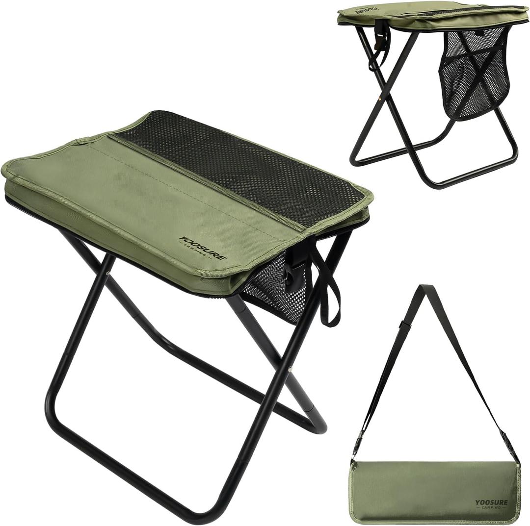 16" Extra Tall Portable Folding Stool for Adults, X-Large Collapsible Camping Chair with 3 Storage Pockets, Heavy Duty Travel Seat for Fishing, Hiking, Gardening