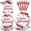 96Pcs Burgundy Retirement Party Decorations Burgundy Rose Floral Happy Retirement Plates and Napkins Tableware Set Flower Butterfly Retired Decoration for Women Goodbye Party Supplies Serves 24