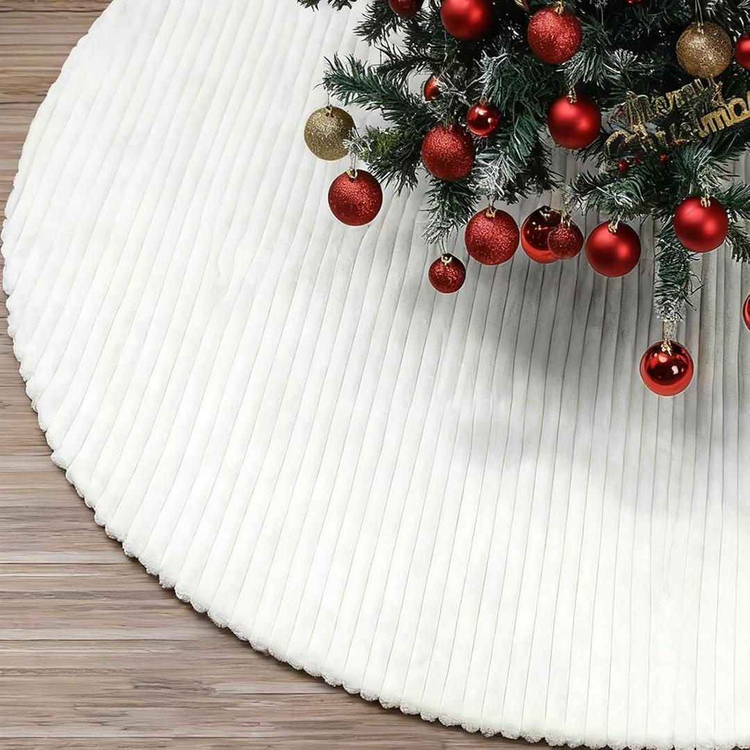 84 Inch Large Faux Fur White Christmas Tree Skirt for 8.5ft to 15ft Tree with Stripe Textured Pattern Soft Beige Boho Luxury Xmas Trees Decorations for Party Home Decor