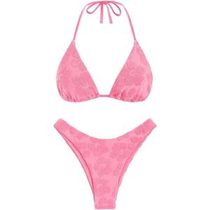 seamoly Women's Bikini Sets Toweling Jacquard Textured Halter Two Piece Swimsuits Open Back Cheeky High Cut Bathing Suit (Pink, M)