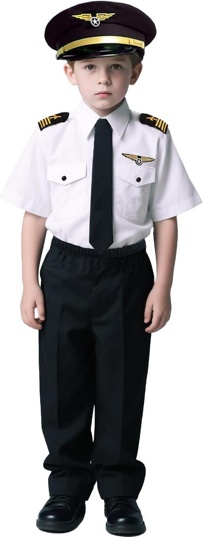 Airline Pilot Costume for Kids Captain Pilot Uniform for Career Day Halloween Dress Up Birthday Gifts, Size Medium