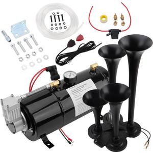 178DB 4 Trumpet Horns Train Horns Kit for Super Loud Air Horn 150 PSI 12V Air Compressor Air Tank Can for Trucks Car Jeep Or SUV(0.8 gal 12v black air horn kit)