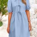 PRETTYGARDEN Womens 2025 Summer Casual Short Sleeve Dresses A Line Bow Tie Front Babydoll Loose Cute Mini Dress with Pockets (Blue, S)