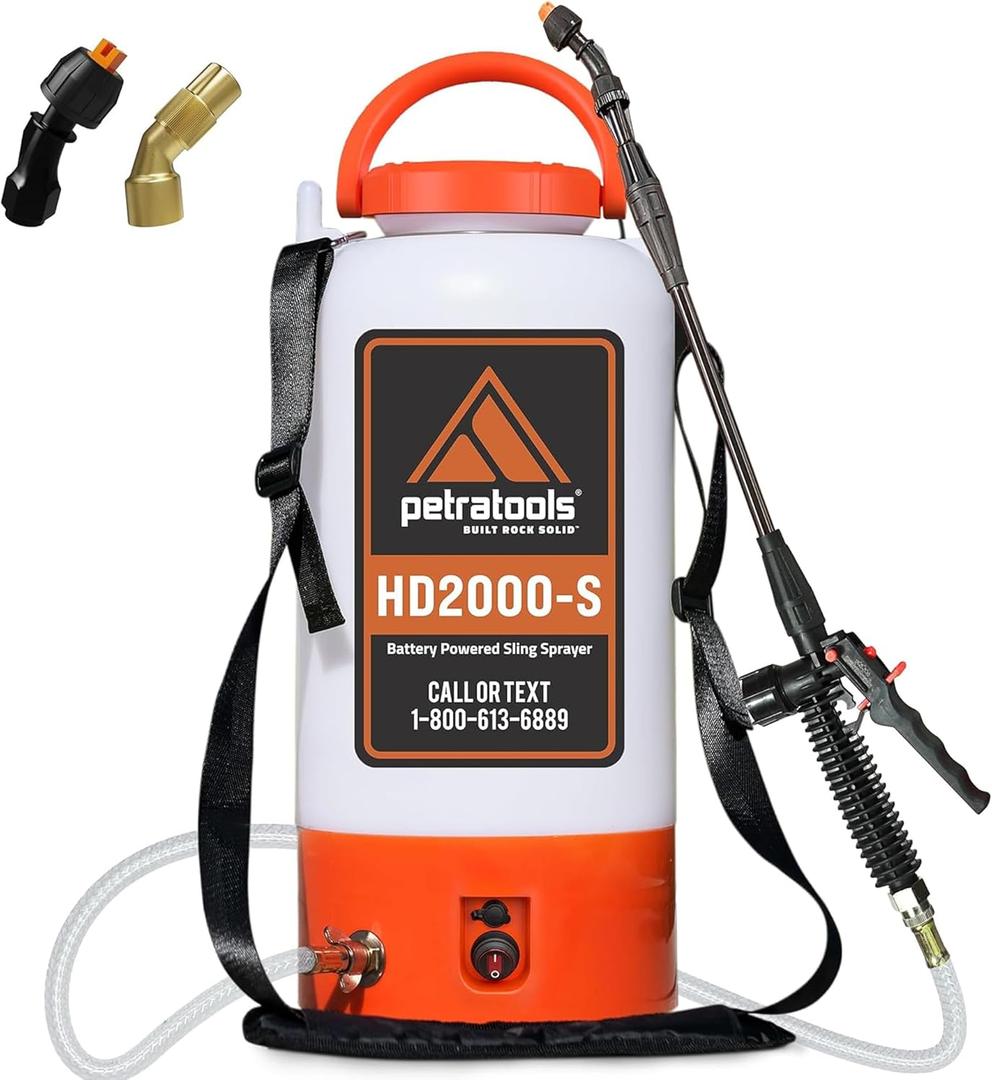 PetraTools Battery Powered Sprayer 2 Gallon - HD2000-S - Heavy Duty Electric Sprayer for Lawn and Garden Weed/Pest Control, Watering - with Battery, Charger & 2 Nozzles (2 Gallon)