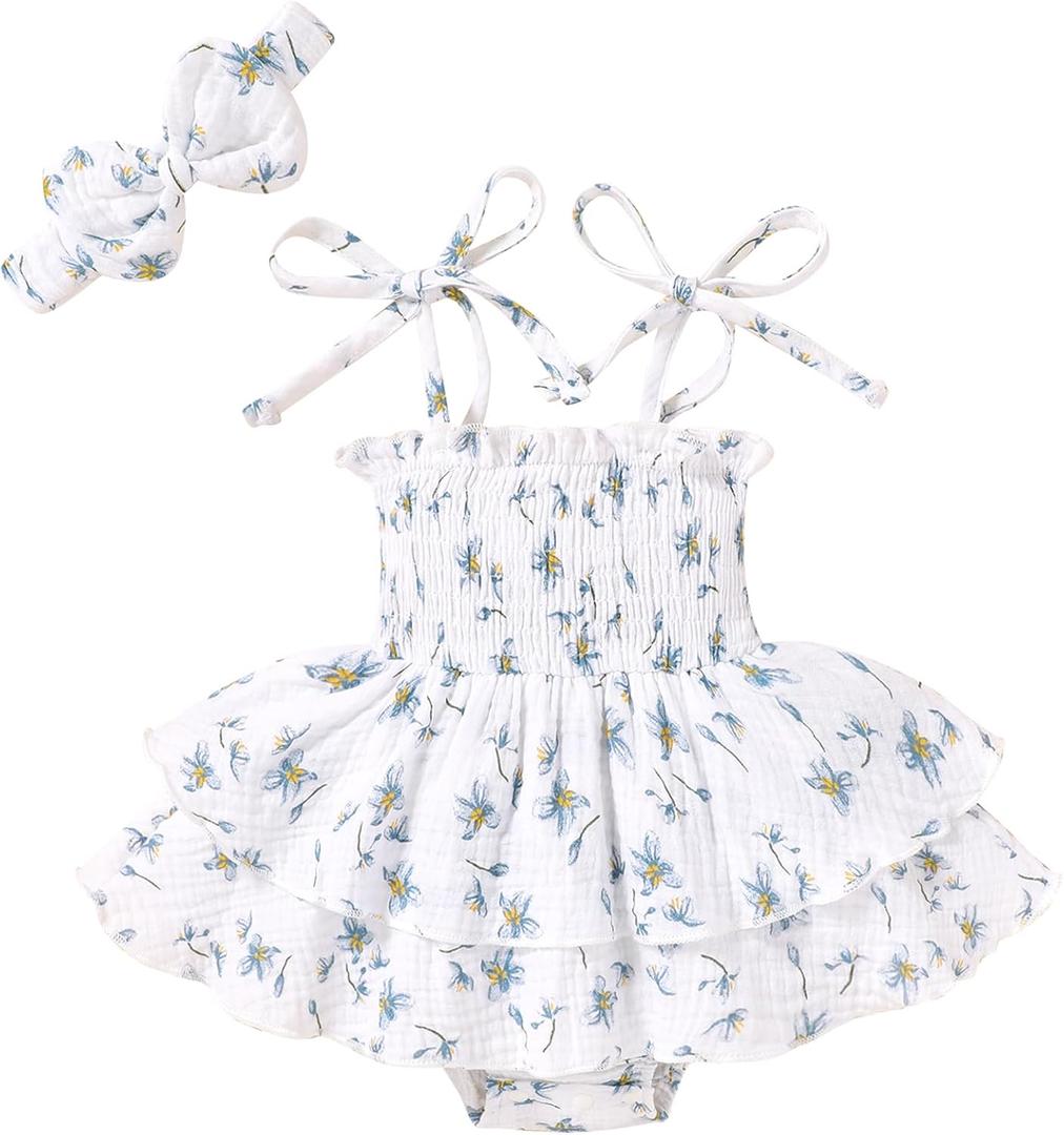 YOUNGER TREE Baby Girl Clothes Infant Summer Romper Dress Sleeveless Bodysuit Jumpsuit with Headband Toddler Outfits (White Blue Floral, 6-12 Months)