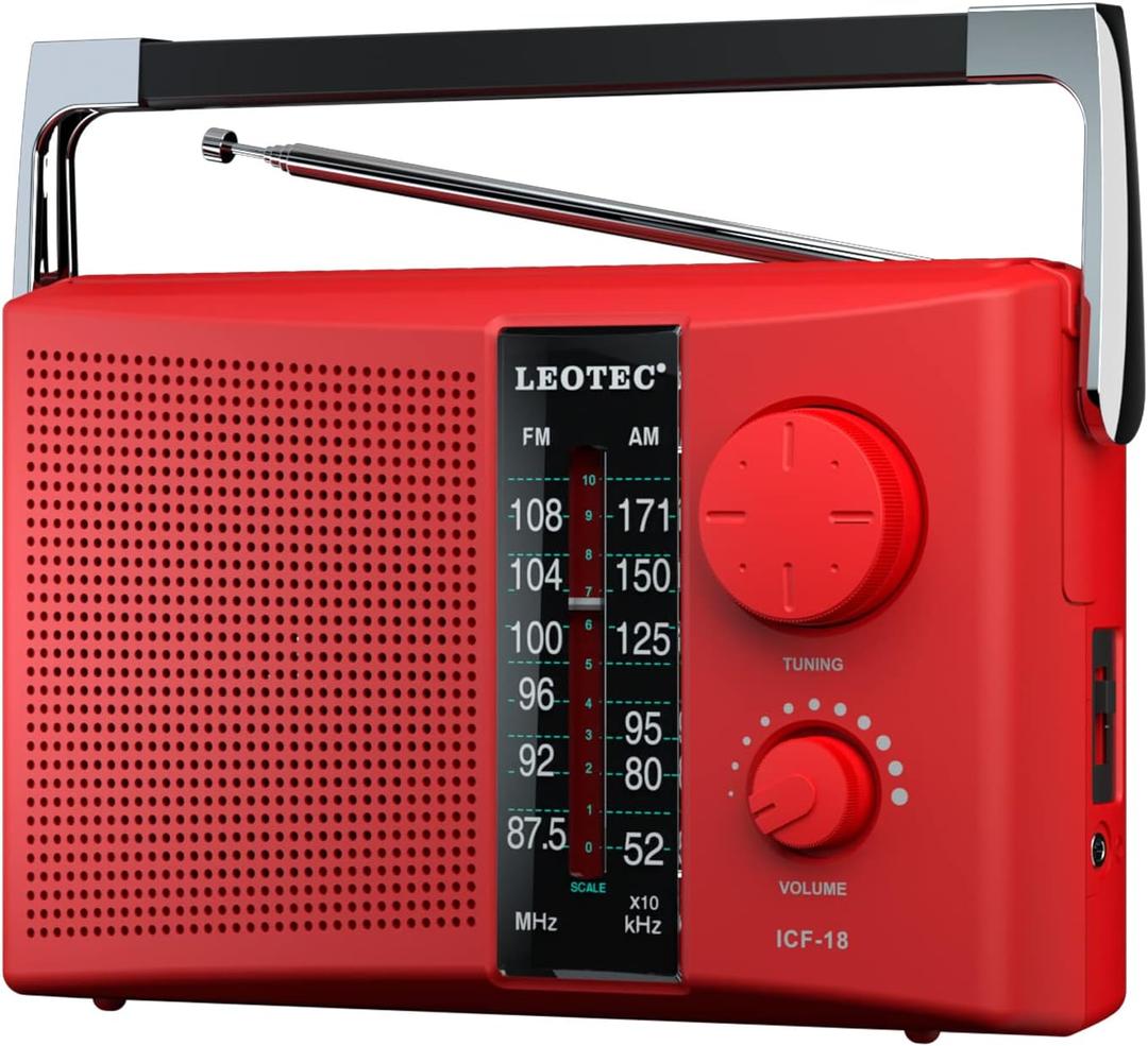 LEOTEC Portable AM FM Radio with Best Reception AC & Battery Operated Big Speaker,Large Tuning Knob,Clear Dial,Earphone Jack for Gift (Red)