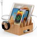 Pezin & Hulin Bamboo Charging Stations, Cell Phone Organizer for Multiple Devices, Tablets, Smart Watch, Included 5 Port USB Charger, Pack 5 Cables