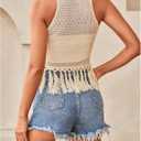 MakeMeChic Women's Crochet Fringe Pullover Sweater Crew Neck Sleeveless Knitted Tank Top (L)