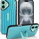 for iPhone 16 Case with Finger Hand Strap Kickstand, Trendy Cool Striped Phone Case for Women Men, Full Camera Protection Shockproof Protective Cover, Blue Stripes